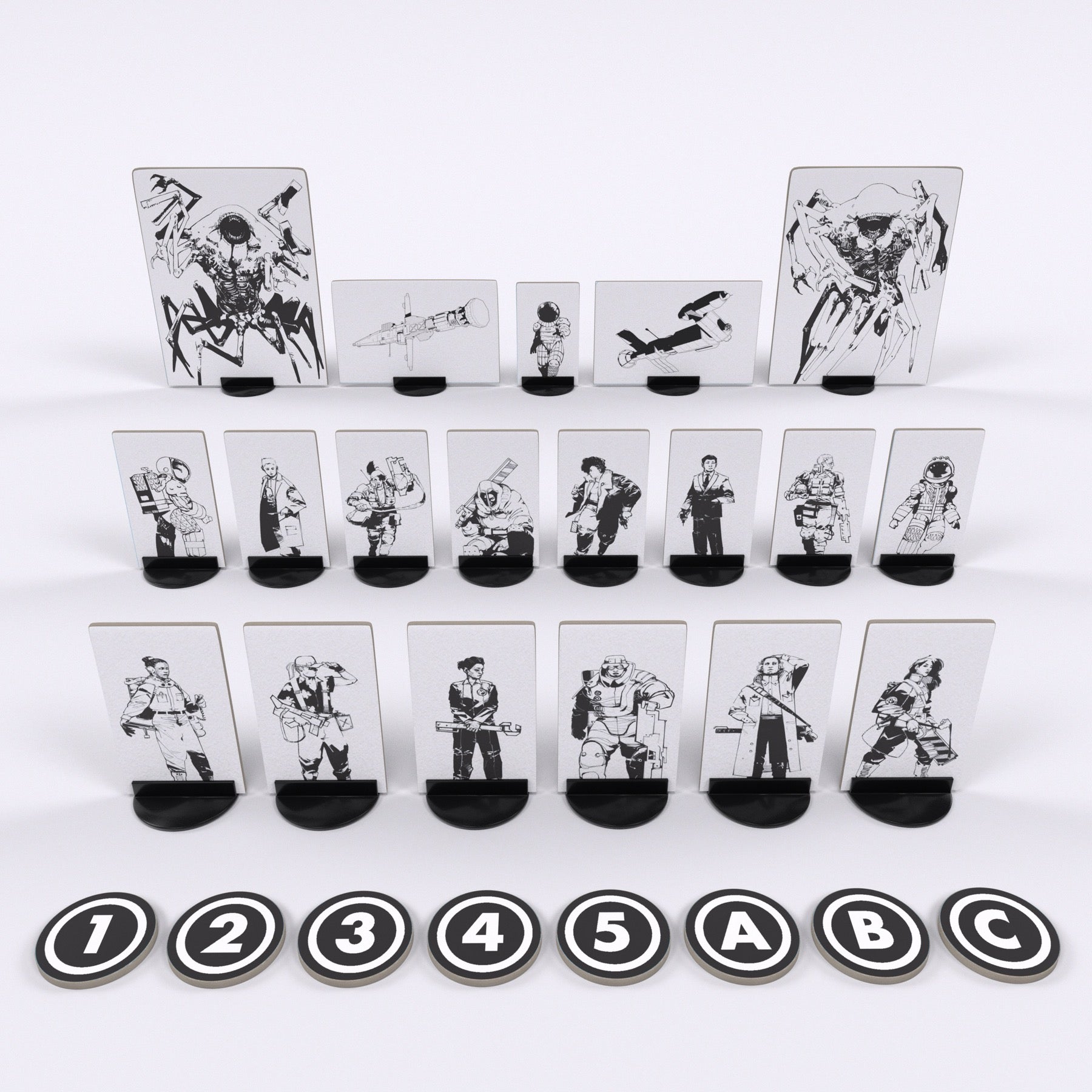 Set of black and white playing cards with illustrations on a white background
