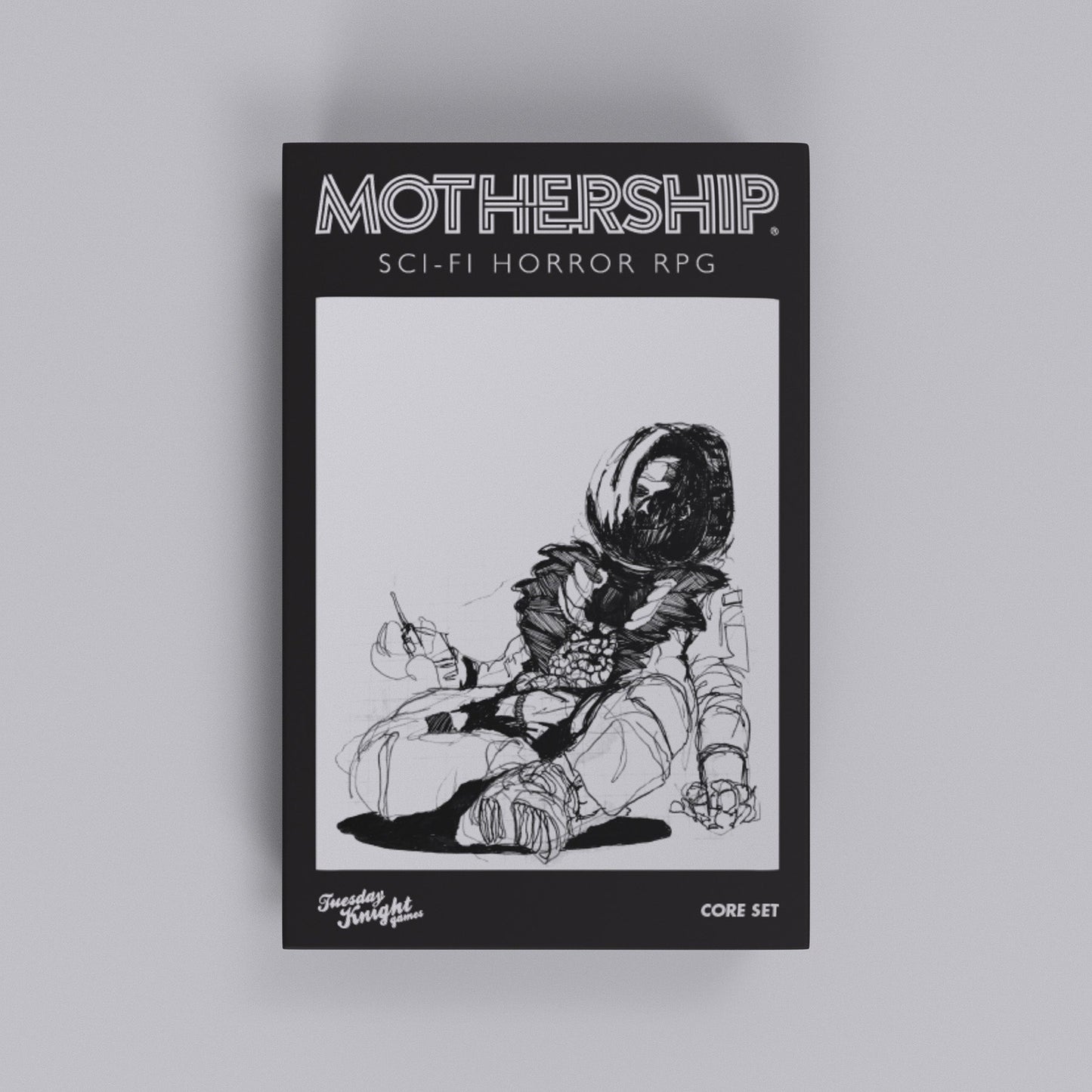 Book cover of 'Mothership' sci-fi horror RPG with an astronaut illustration on a gray background