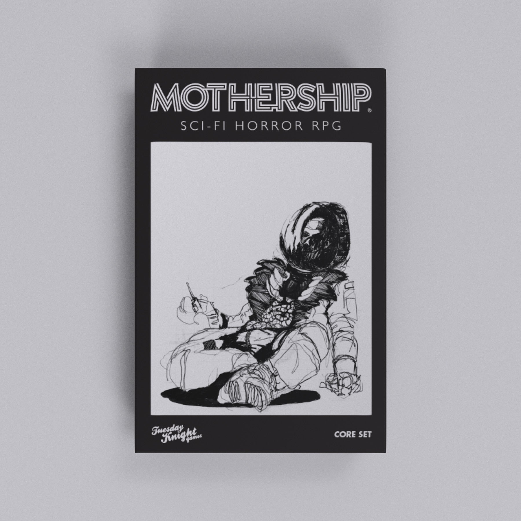 Book cover of 'Mothership' sci-fi horror RPG with an astronaut illustration on a gray background