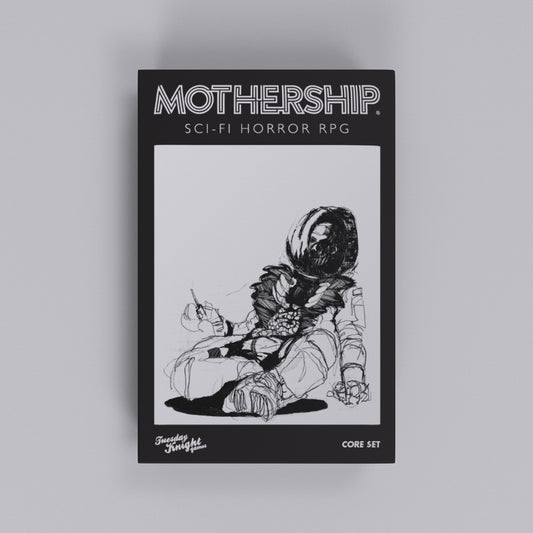 Book cover of 'Mothership' sci-fi horror RPG with an astronaut illustration on a gray background