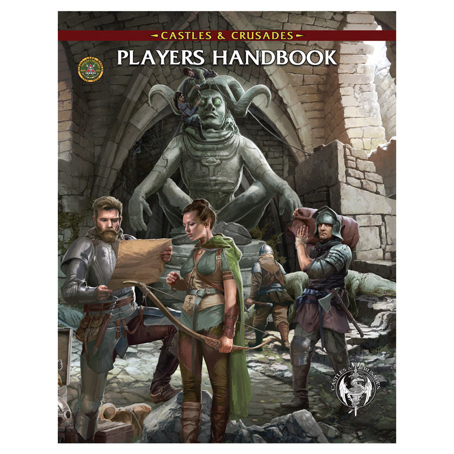 Book cover of 'Castles & Crusades Players Handbook' featuring characters in a fantasy setting.