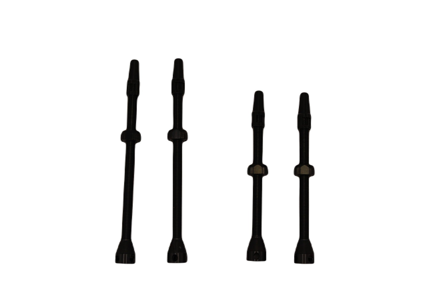 Four black cylindrical valves on a white background