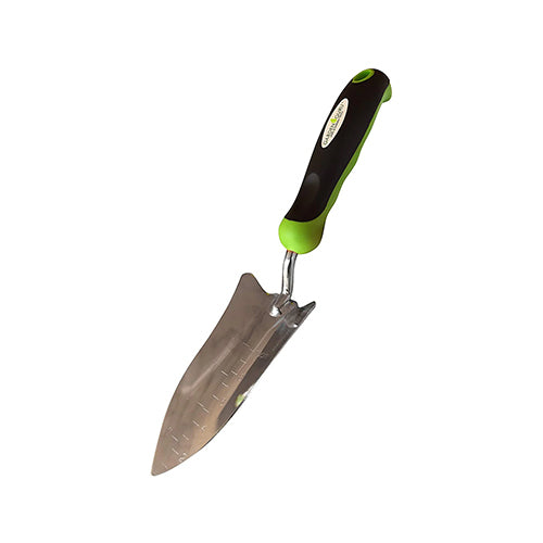 Gardening trowel with a green handle on a white background