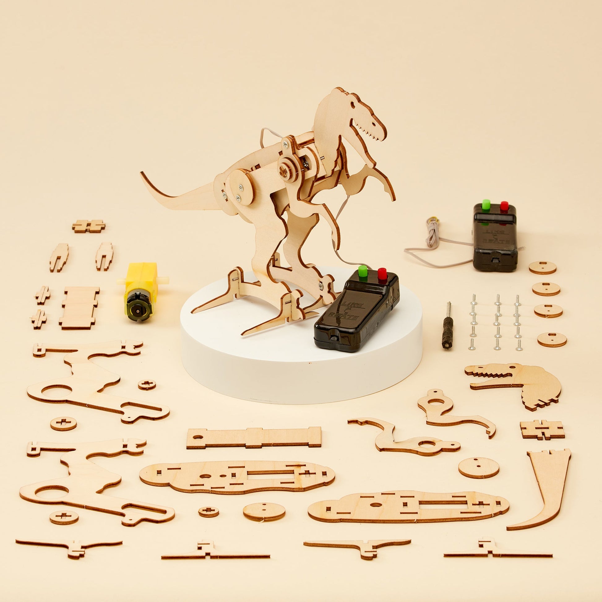 Wooden dinosaur model kit with pieces and tools on a beige background