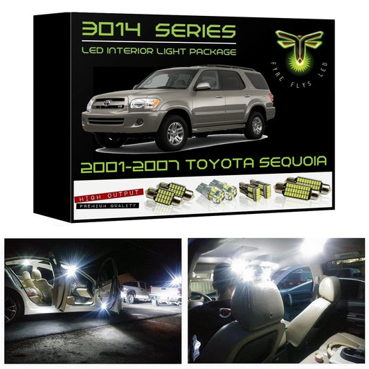 LED interior light package for 2001-2007 Toyota Sequoia with product packaging and installation images.