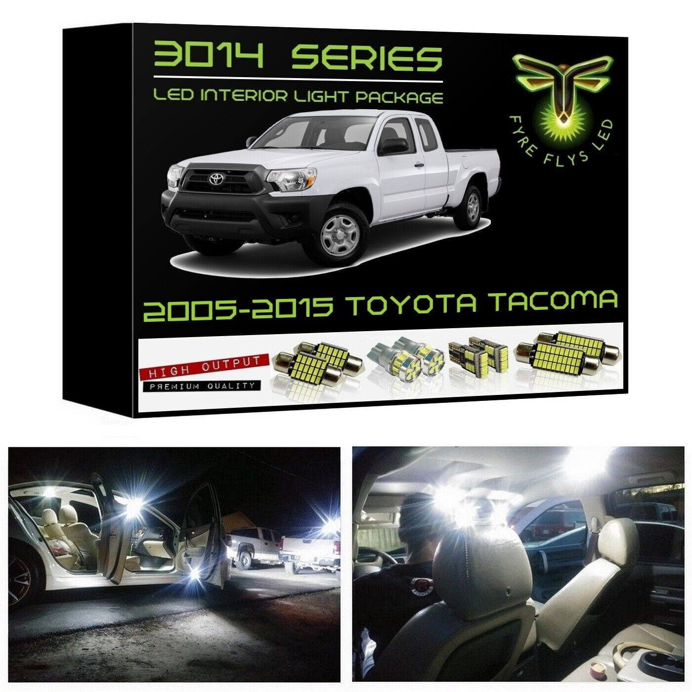 LED interior light package for 2005-2015 Toyota Tacoma with product packaging and installation examples.
