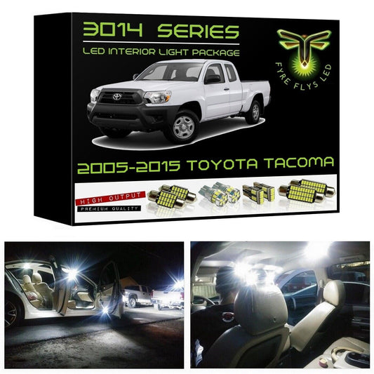LED interior light package for 2005-2015 Toyota Tacoma with product packaging and installation examples.