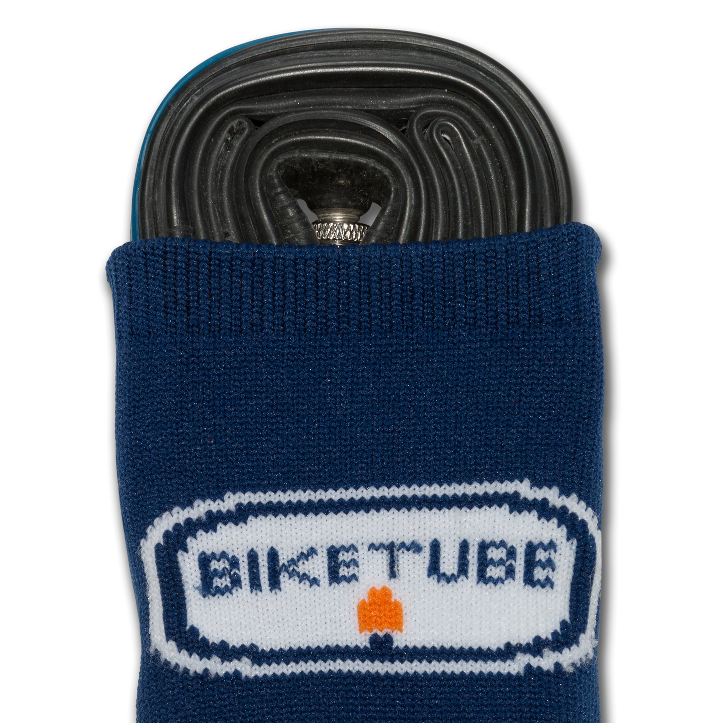 Bicycle tube in a blue holder with 'BIKE TUBE' label on a white background