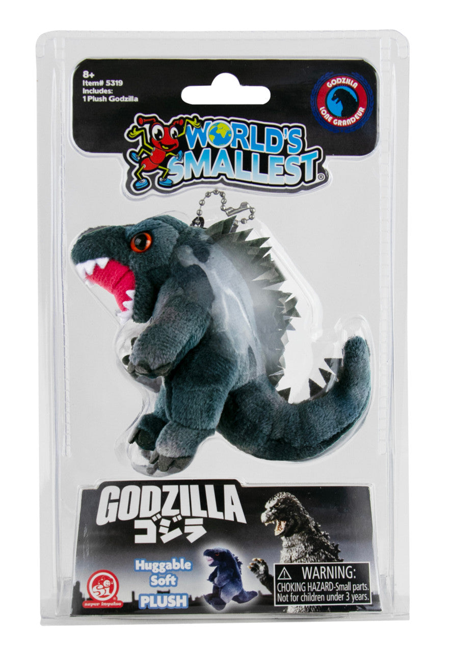 World's Smallest Godzilla plush toy in packaging with branding and warning label.