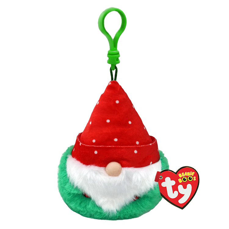 Red gnome-shaped keychain with a green hat and white polka dots on a white background, featuring the Ty Beanie Boos logo.