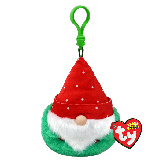 Red gnome-shaped keychain with a green hat and white polka dots on a white background, featuring the Ty Beanie Boos logo.