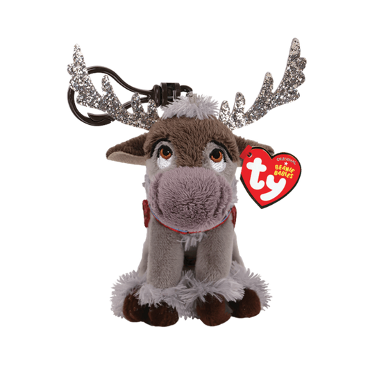 Plush reindeer toy with glittery antlers and Ty brand tag on a white background
