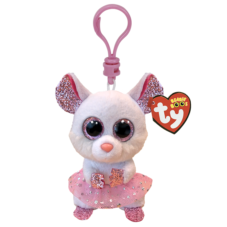 Ty Beanie Boos plush keychain with pink skirt and tag on a white background