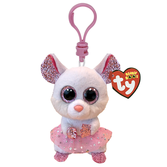 Ty Beanie Boos plush keychain with pink skirt and tag on a white background