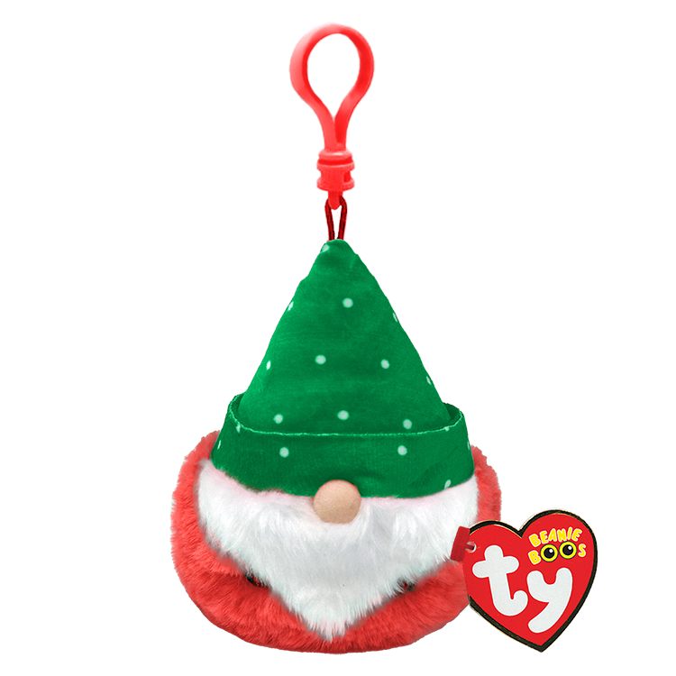 Plush gnome keychain with green hat and red body, featuring a Ty Beanie Boos tag.