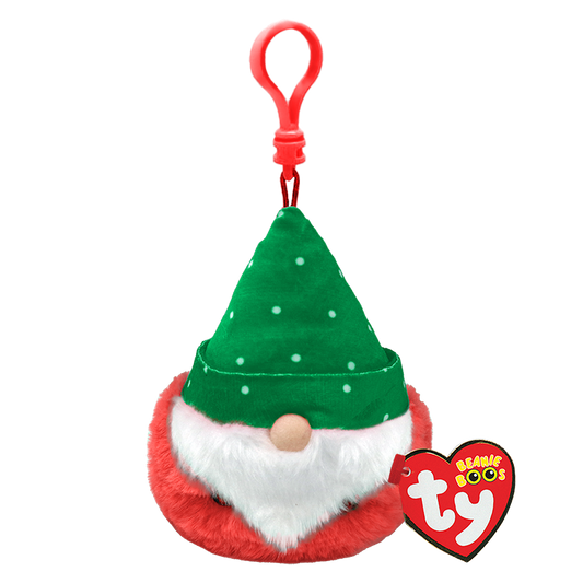 Plush gnome keychain with green hat and red body, featuring a Ty Beanie Boos tag.