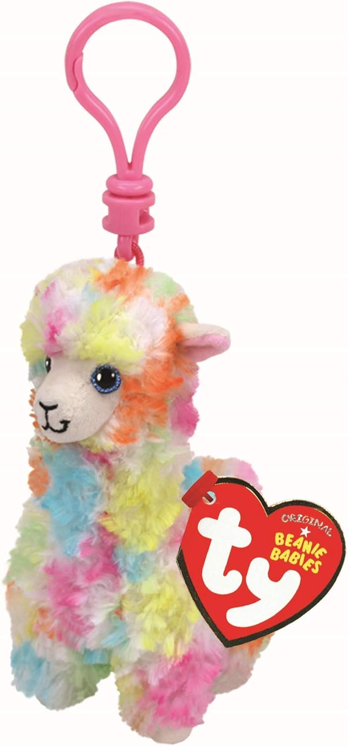 Colorful llama-shaped keychain with a pink clip on a white background