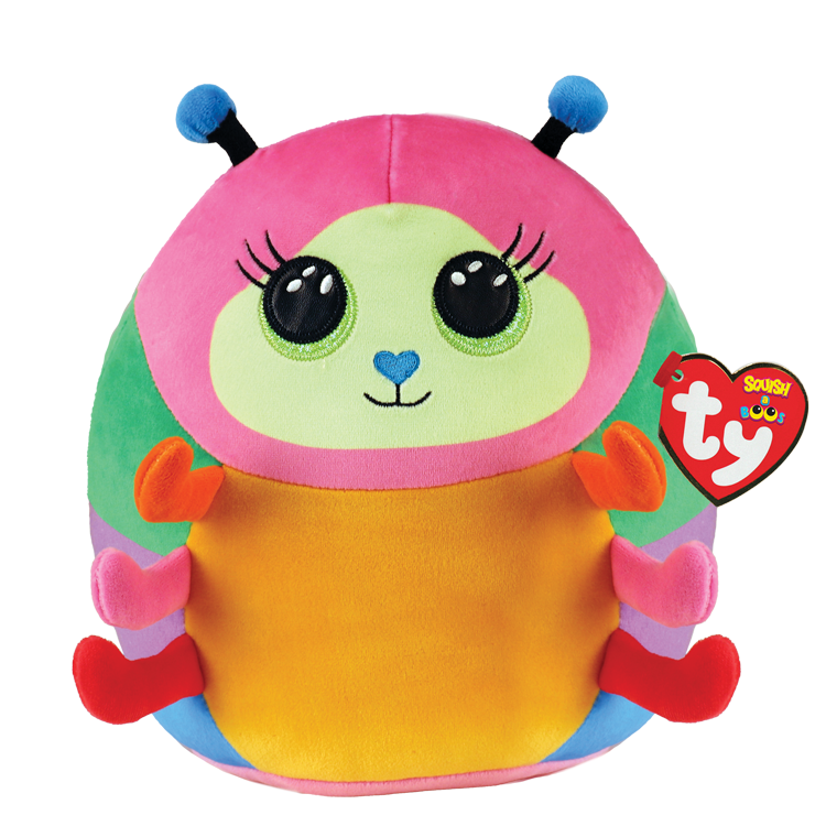 Colorful plush toy with a Ty brand tag on a white background