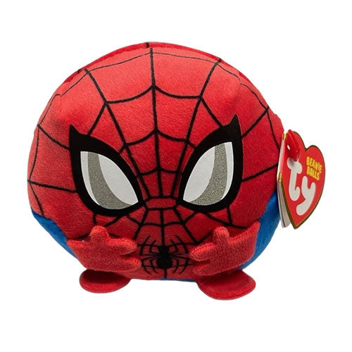 Plush toy resembling a superhero character with a red and blue design on a white background