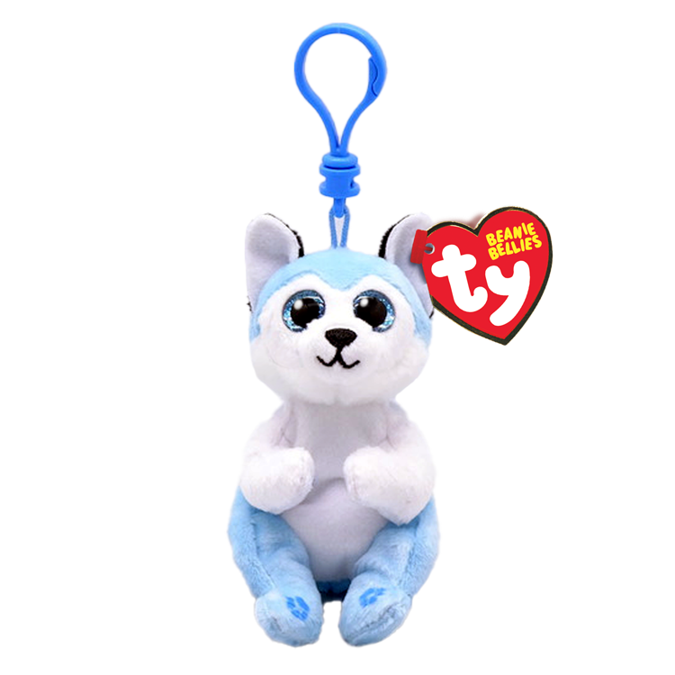Plush dog toy with blue accents and a blue clip, featuring a Ty Beanie Bellies tag.