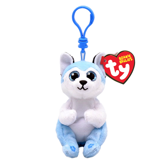 Plush dog toy with blue accents and a blue clip, featuring a Ty Beanie Bellies tag.
