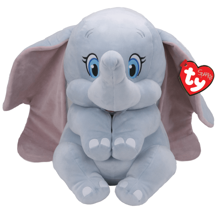Plush elephant toy with blue eyes and pink ears, featuring a Ty Beanie Baby tag.