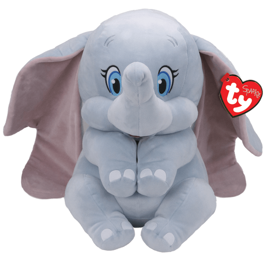 Plush elephant toy with blue eyes and pink ears, featuring a Ty Beanie Baby tag.