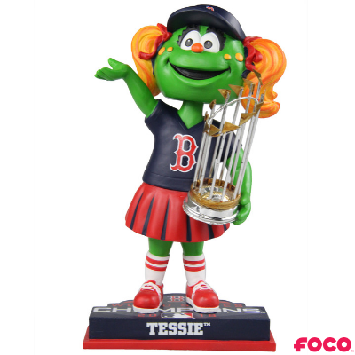 Bobblehead figure of a character from the Boston Red Sox holding a trophy on a white background
