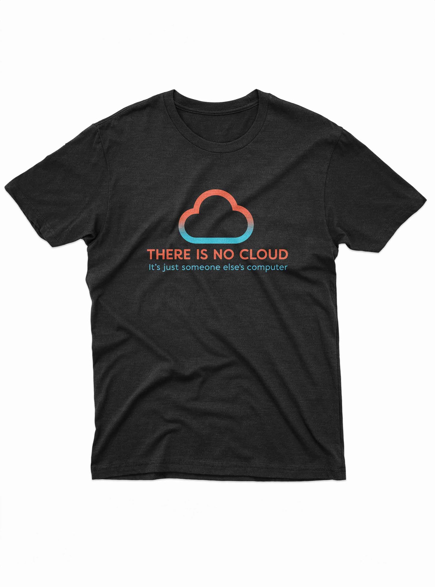 Black t-shirt with a cloud design and text on a white background
