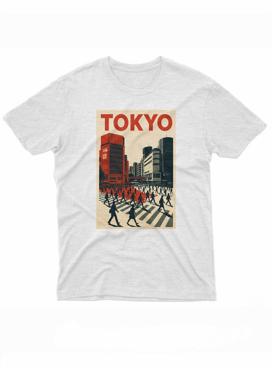 White t-shirt with a graphic of a cityscape and 'TOKYO' text on a white background
