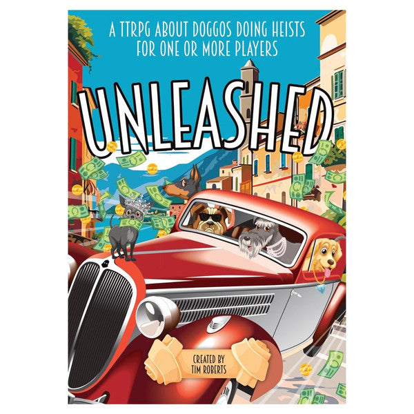 Book cover of 'Unleashed' with a red car and dogs on a city street background.