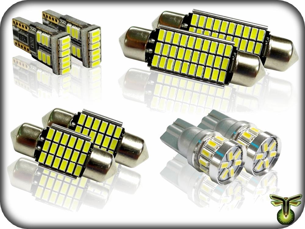 Set of car LED bulbs on a reflective surface with a brand logo in the corner.