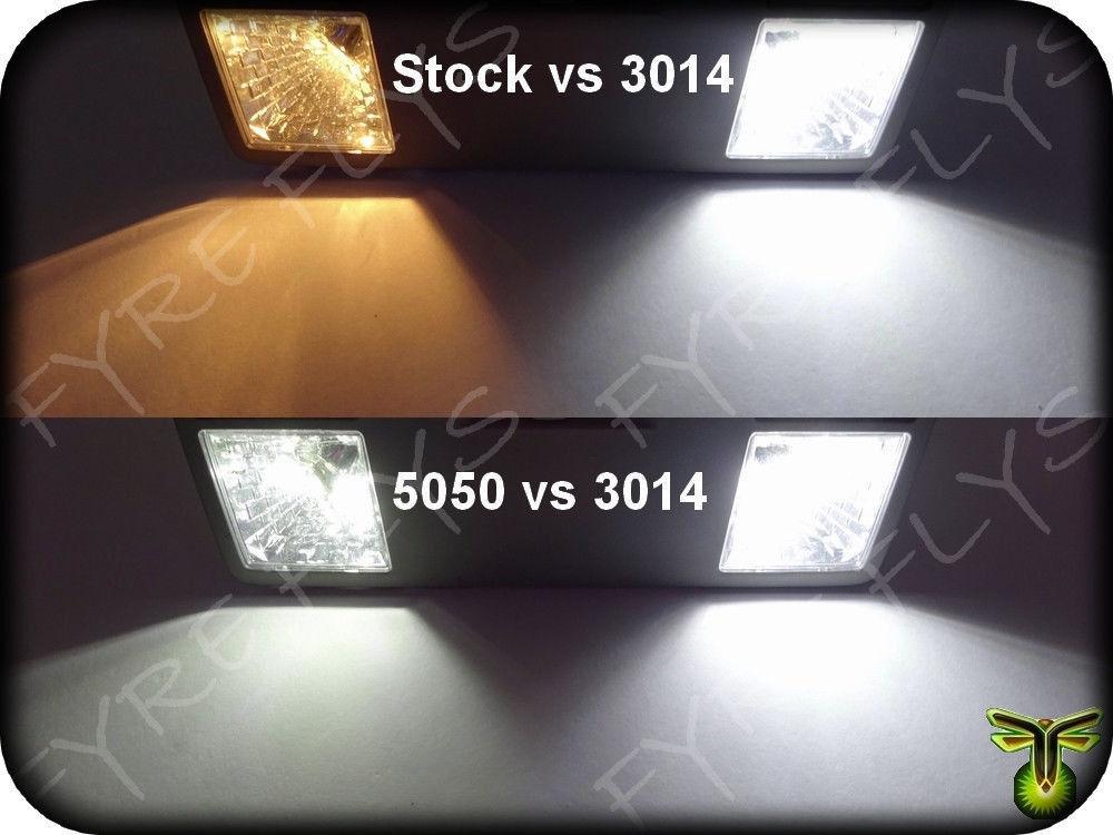 Comparison of LED lights labeled 'Stock vs 3014' and '5050 vs 3014' with brand logo.
