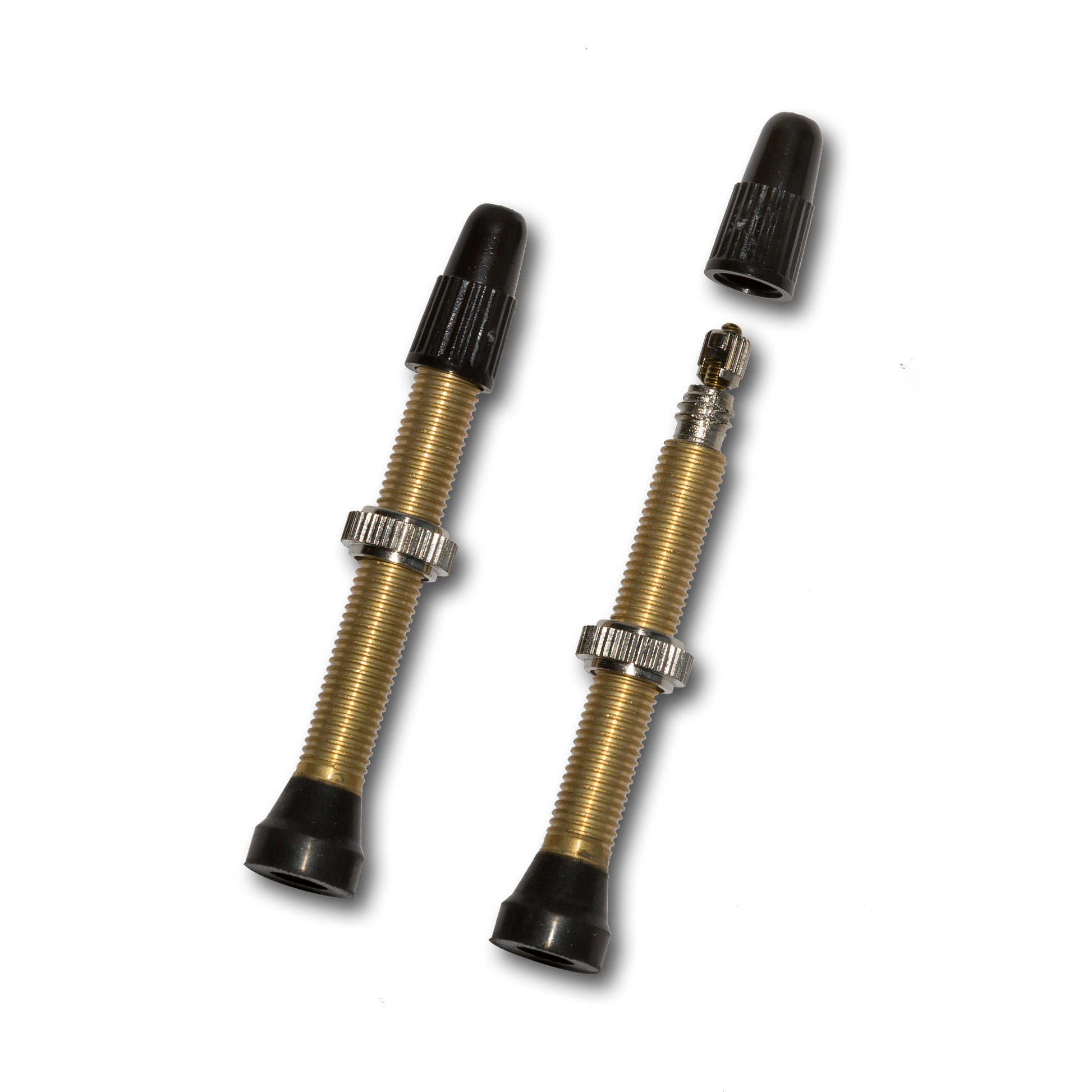 Two bicycle valve stems with black and brass components on a white background