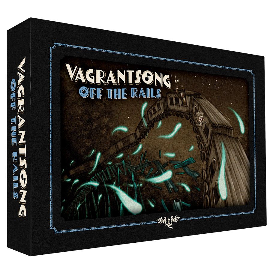 Board game box titled 'Vagrantsong: Off the Rails' with a dark cover featuring a ship and glowing elements.