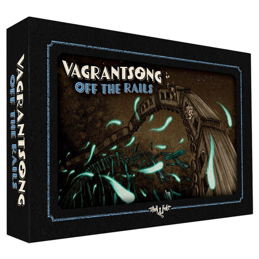 Board game box titled 'Vagrantsong: Off the Rails' with a dark cover featuring a ship and glowing elements.
