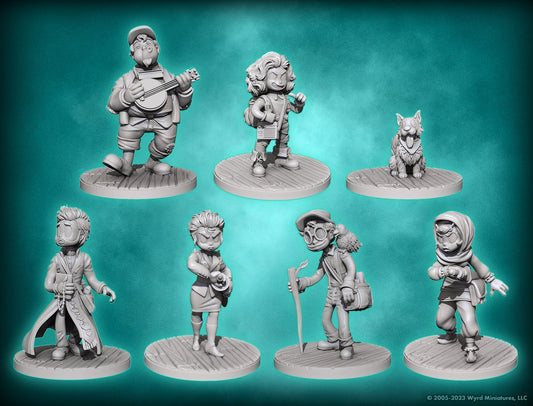 Set of eight gray miniature figurines on a teal background