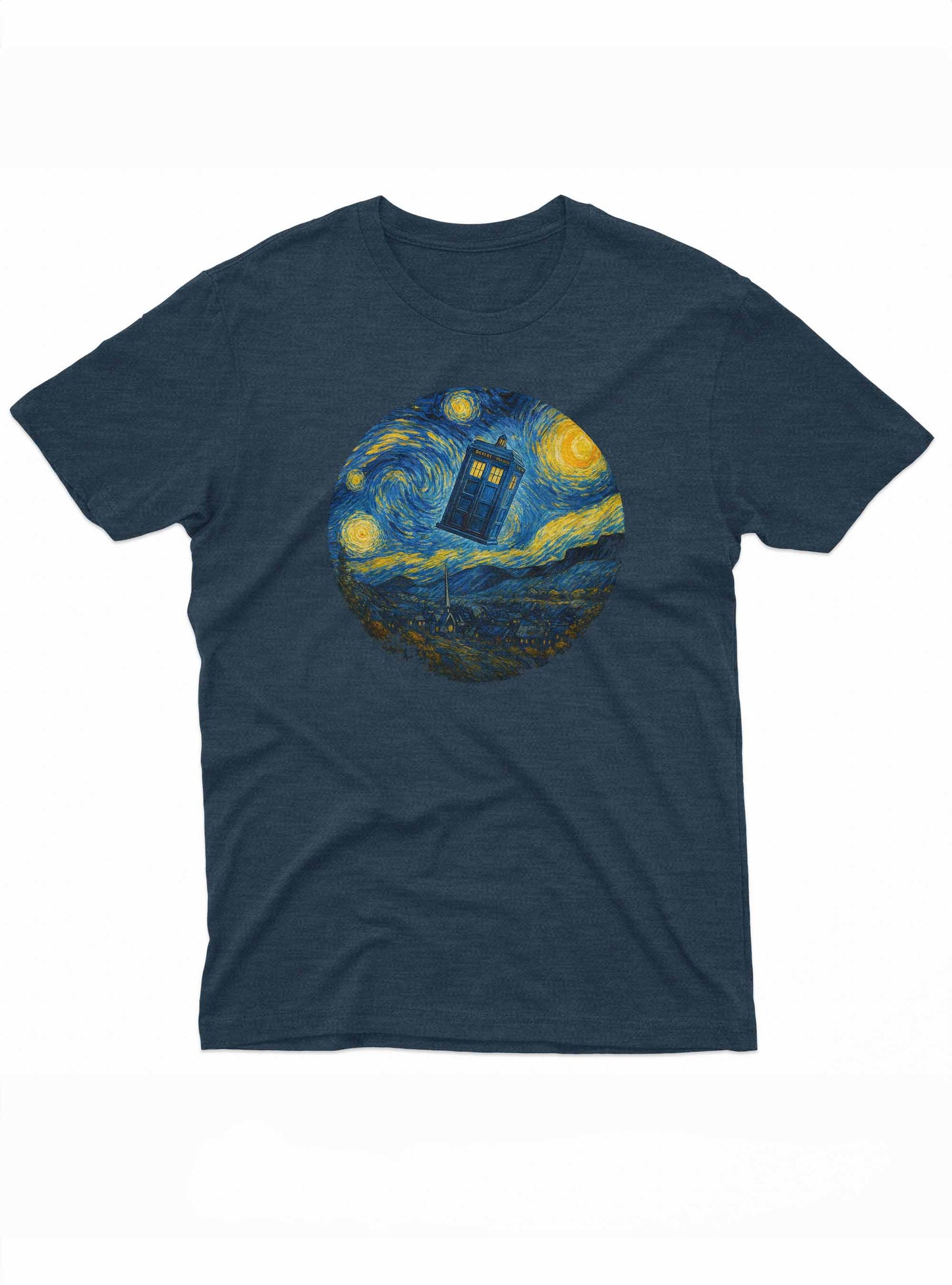 Navy blue t-shirt with a unique design of a TARDIS from 'Doctor Who'融入Vincent van Gogh的《星夜》风格