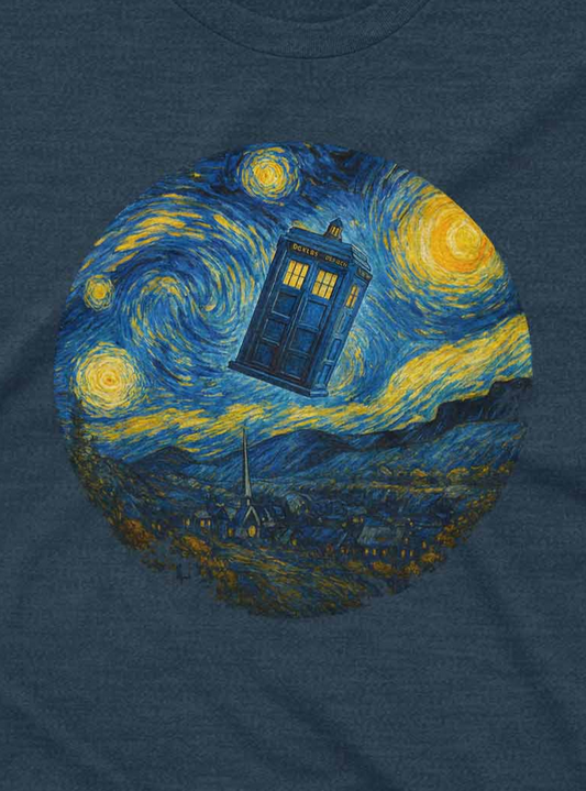 Navy blue t-shirt with a Van Gogh TARDI Starry Night design