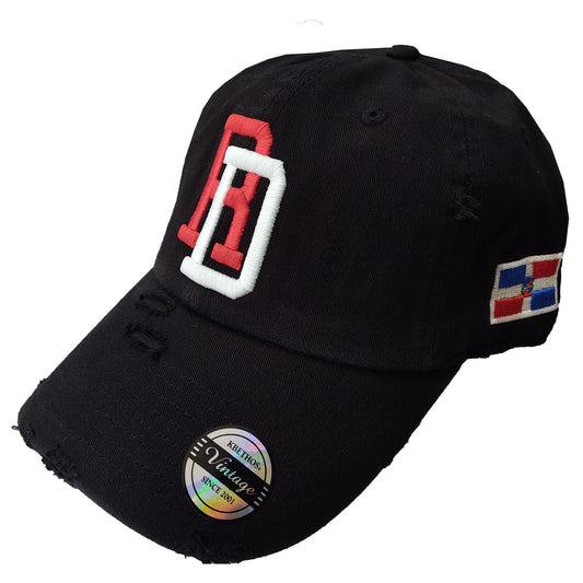 Black cap with red and white logo and small flag patch on a white background