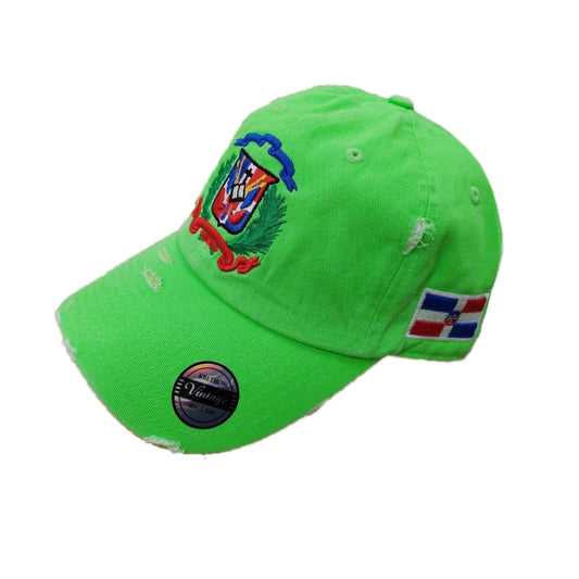 Green cap with Dominican Republic flag design on a white background