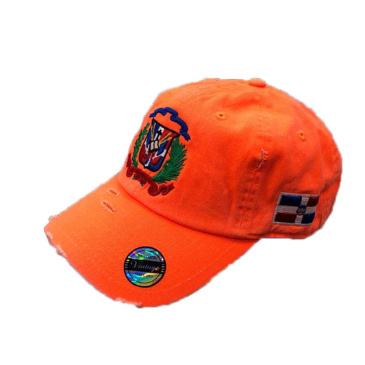 Orange cap with a Dominican logo and text on a white background