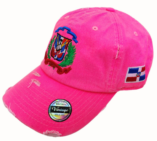 Pink cap with a colorful Dominican Republic emblem and a flag patch on a white background