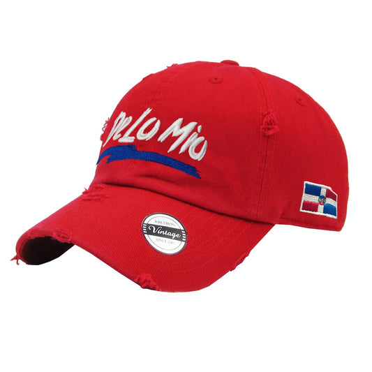 Red cap with 'Delomio' branding and a small flag patch on a white background