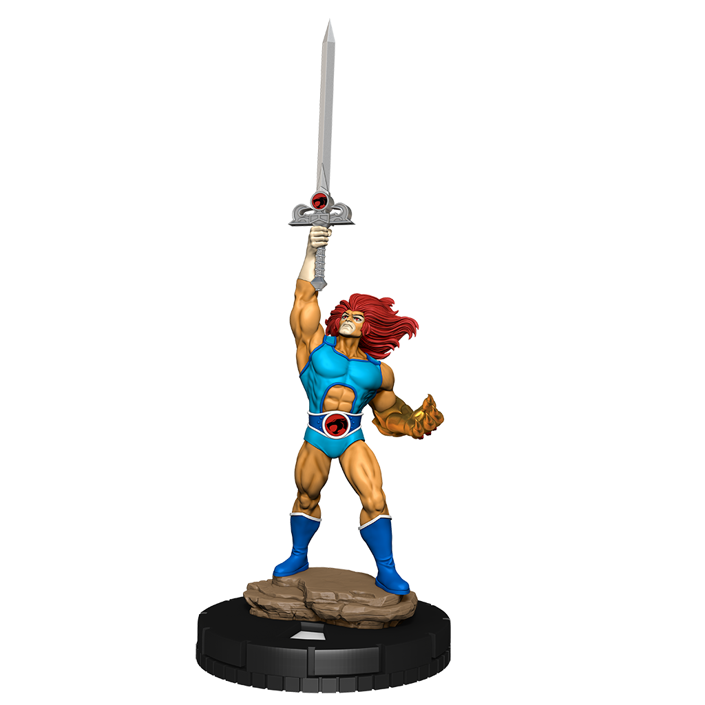 Statue of a superhero character with red hair, blue outfit, and sword on a white background