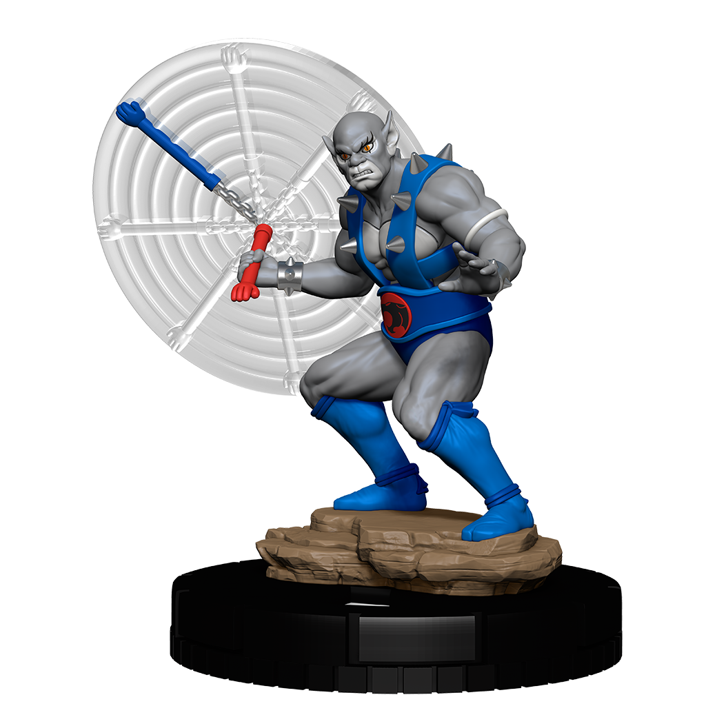 Statue of a character in blue and gray outfit with a white circular background