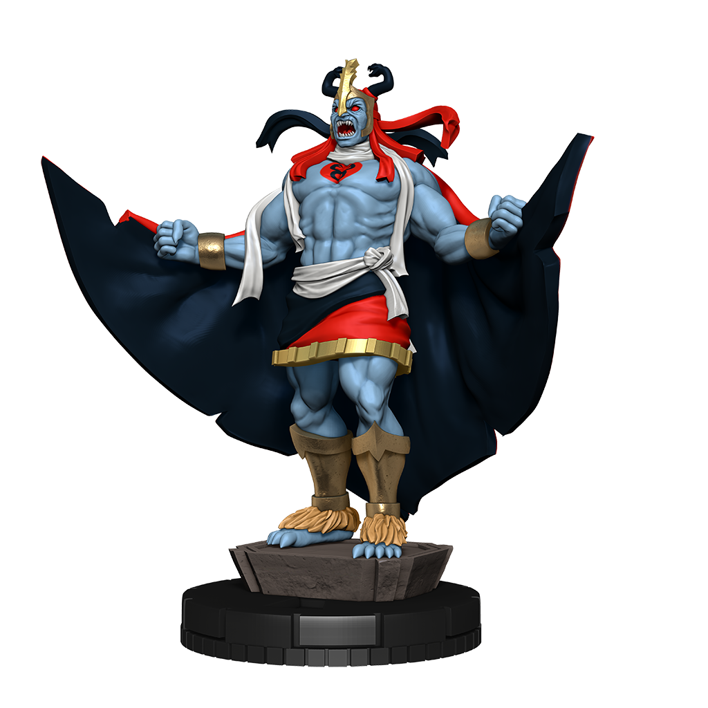 Statue of a muscular character with red and blue accents on a white background