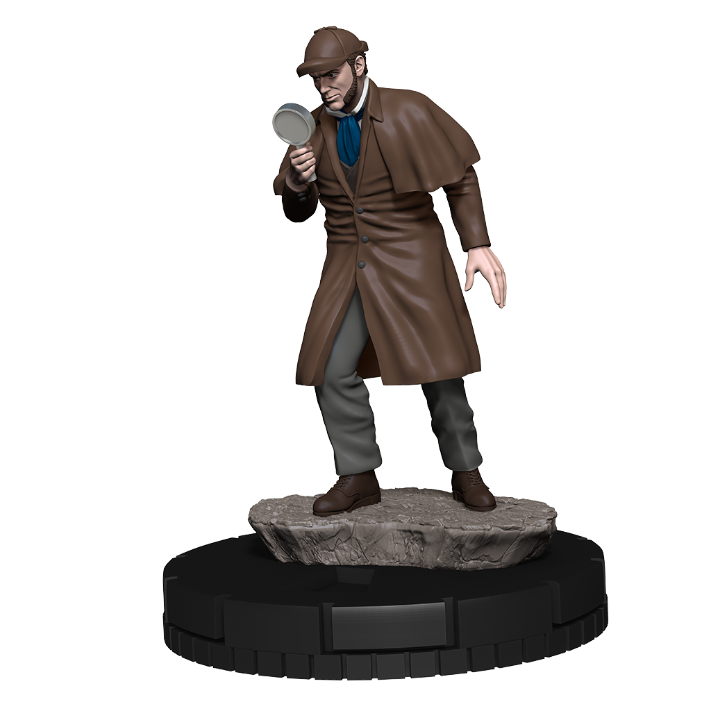 Statue of Sherlock Holmes in a brown coat holding a magnifying glass on a white background