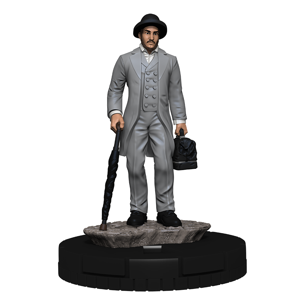 Statue of a man in a gray suit with a hat and cane on a white background