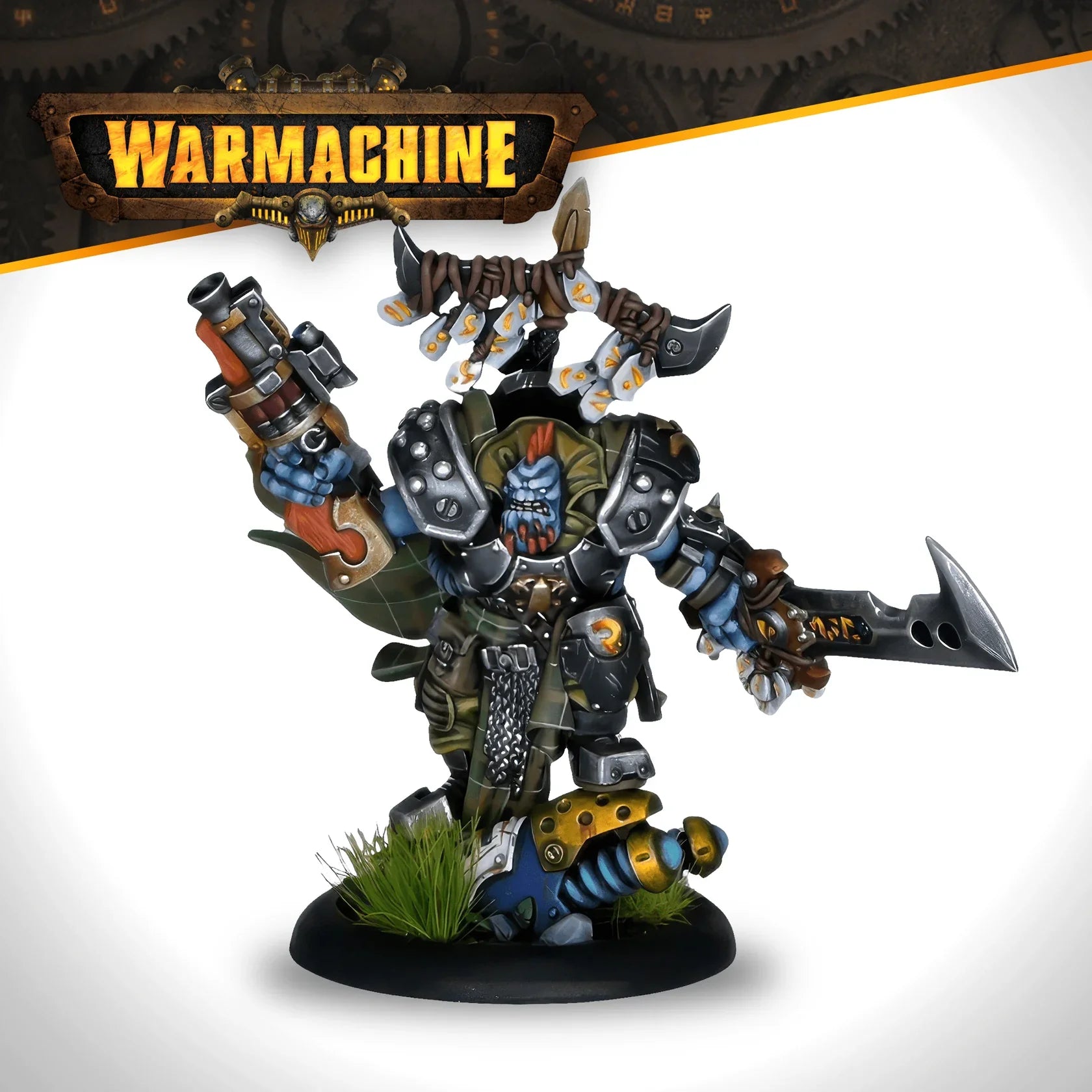 Warhammer figurine with 'Warmachine' logo in the background